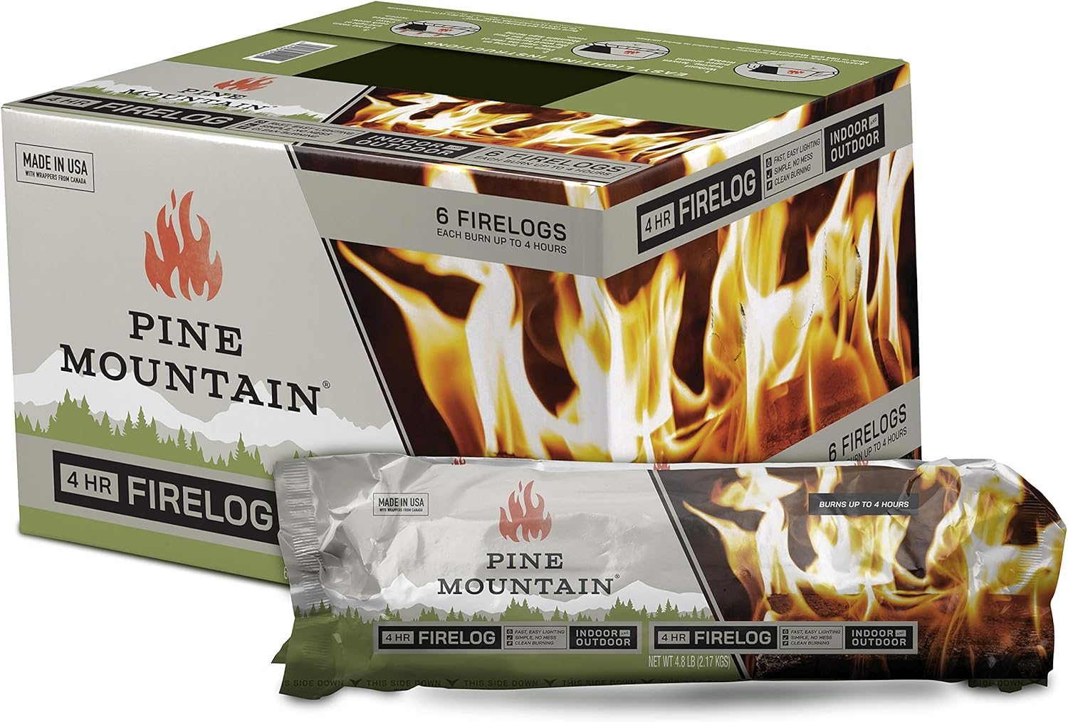 Pine Mountain Fire Log burning in a fireplace with vibrant flames