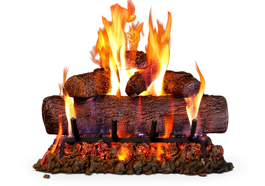 'Peterson Real Fyre Gas Log Set installed in a rustic fireplace'