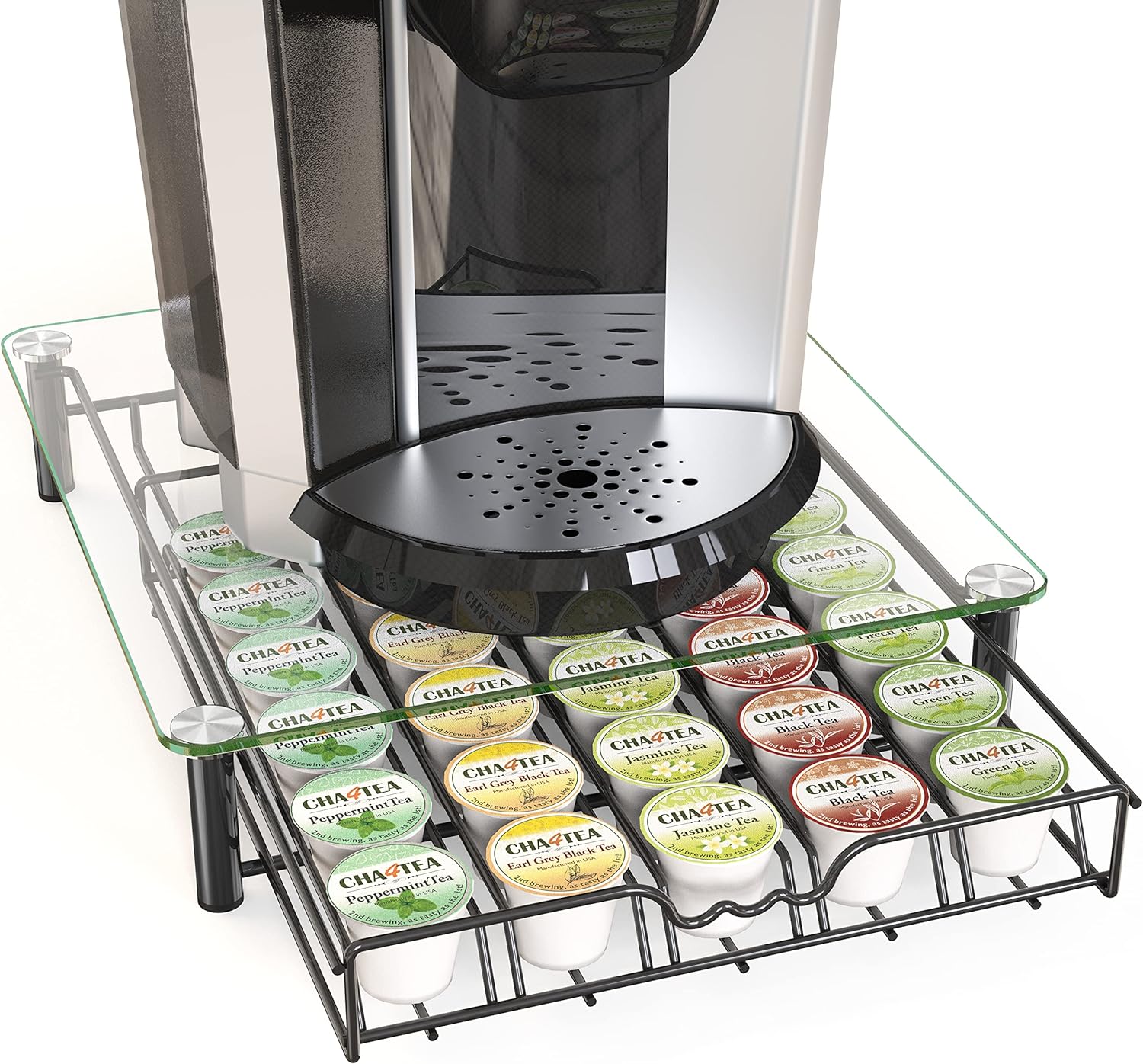 Installing Deco Brothers Coffee Pod Drawer Glass Top Storage Organizer on a wooden kitchen countertop