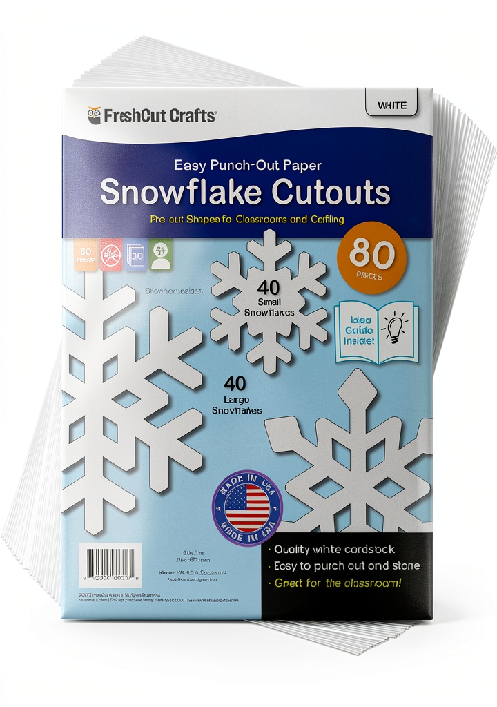 FreshCut Crafts Snowflake Cutouts displayed on a classroom bulletin board with winter theme