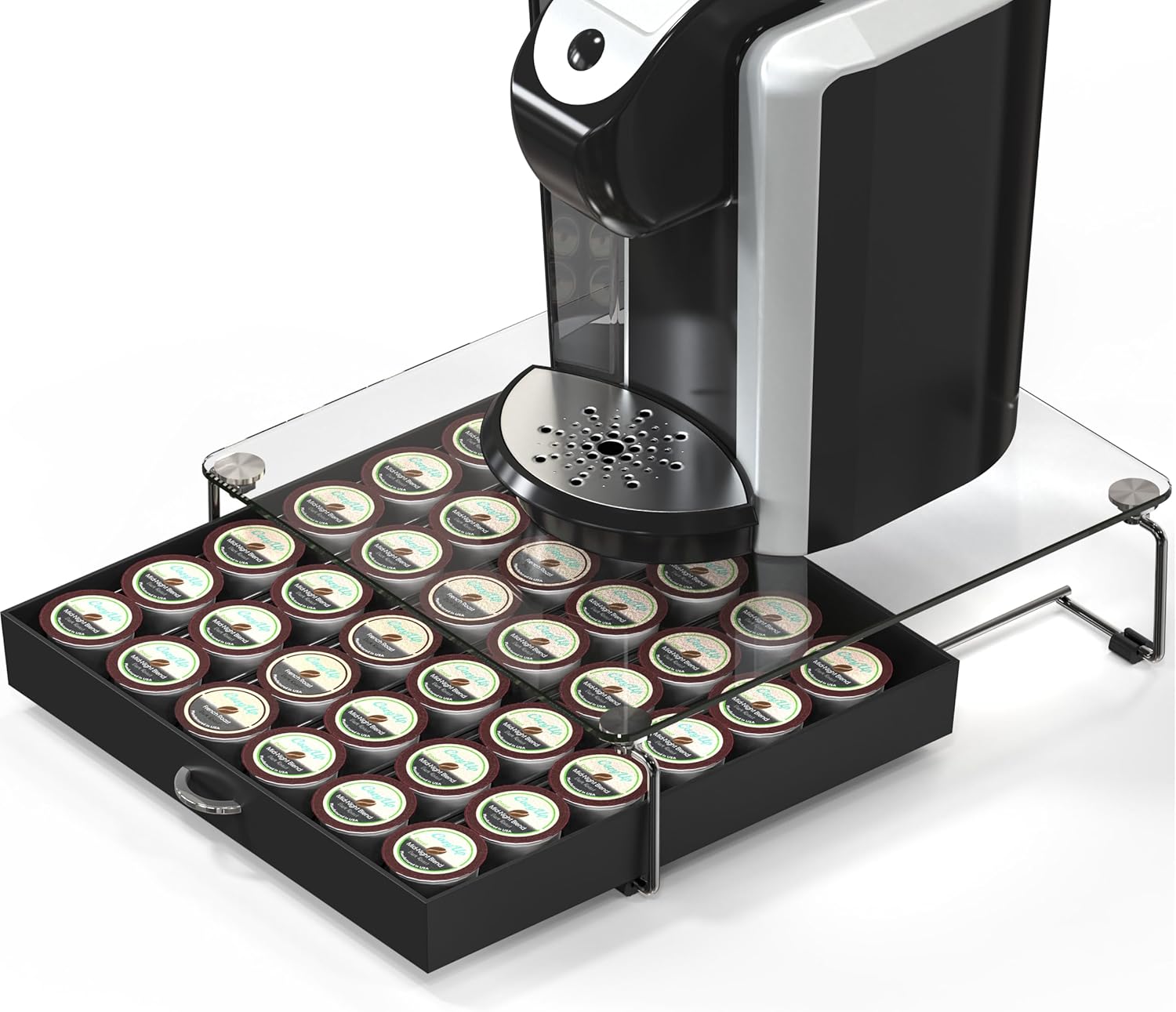 Installing Deco Brothers Coffee Pod Drawer Black Glass Top Organizer on a wooden kitchen countertop