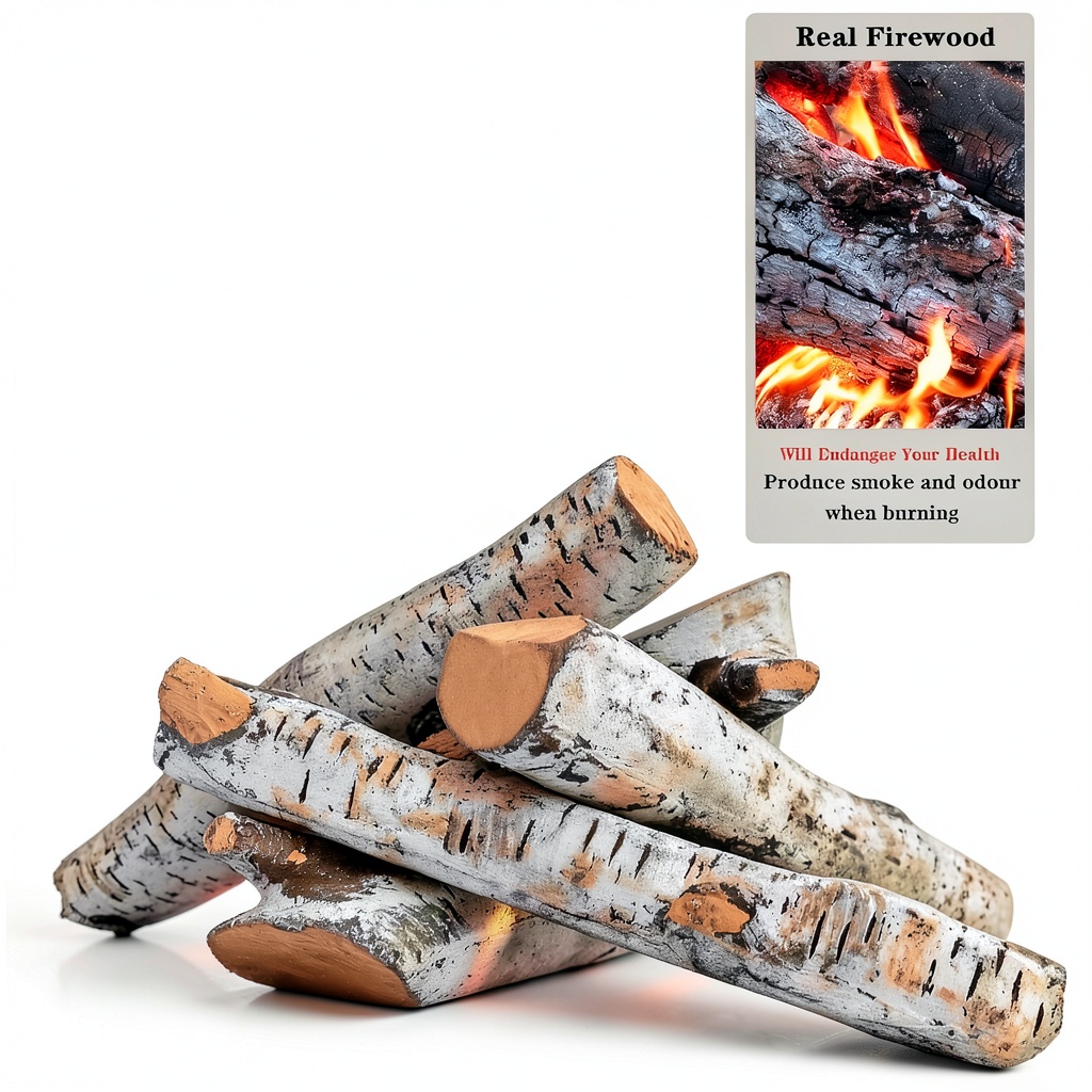 Uniflasy White Birch Logs displayed in a gas fireplace