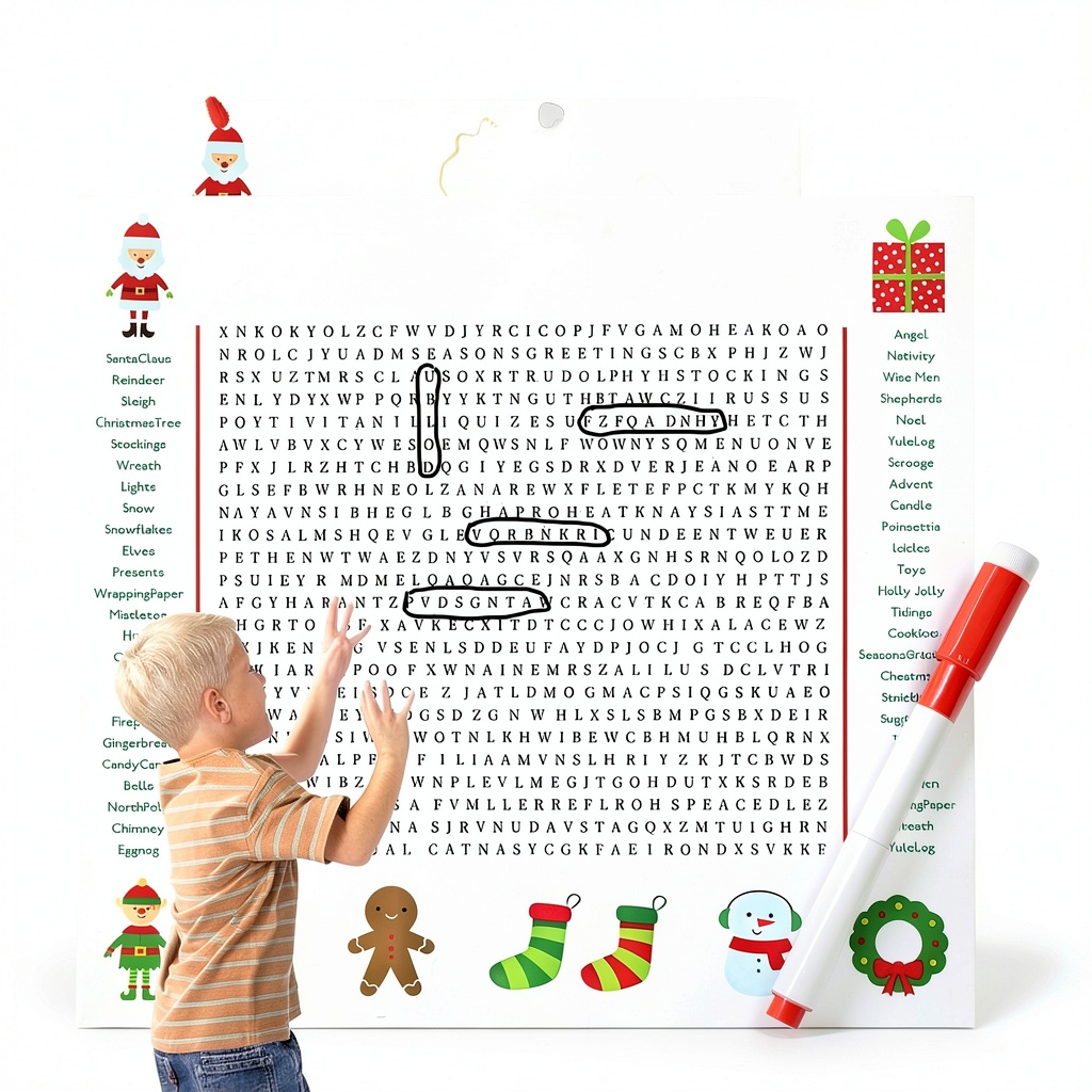 Installing Jumbo Christmas Word Search Poster Office Product on a wooden wall