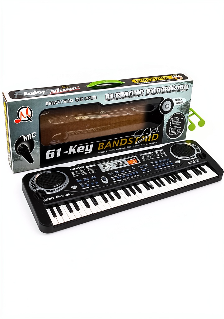 Child playing AstraMood Kids Keyboard Compact 61-Key Portable on a picnic blanket