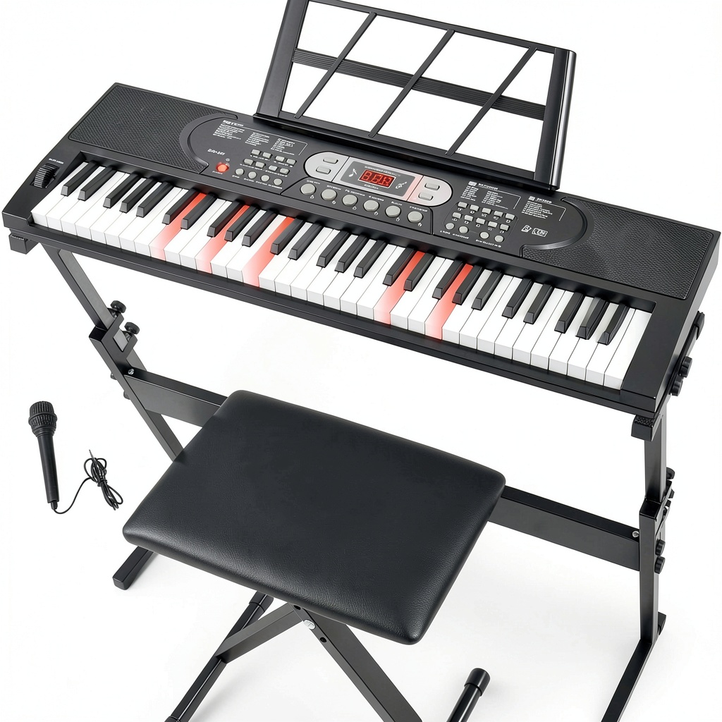 Installing JTSIOV 61 Key Keyboard Piano Black Modern for Kids on a wooden desk